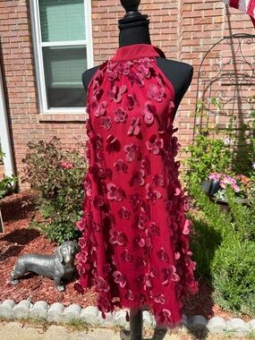 TCEC Burgundy Halter Midi Dress with 3D Floral Appliqués